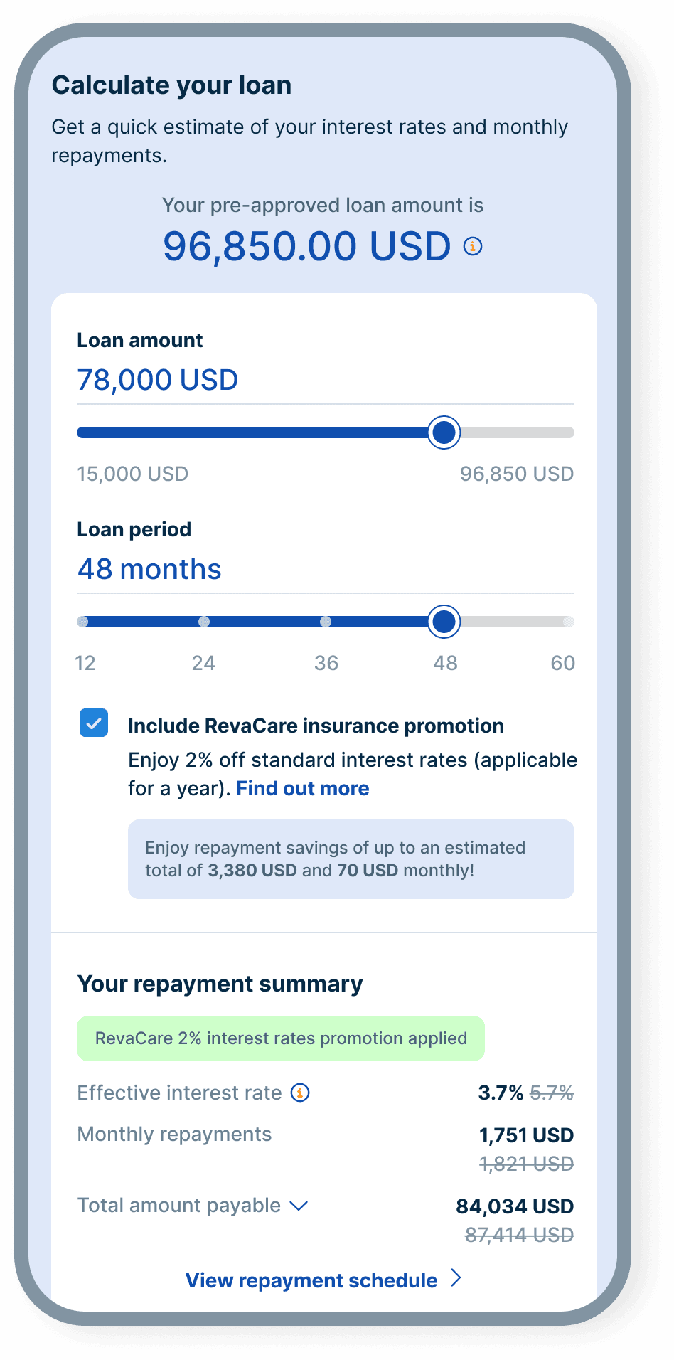 After: calculator on the main page with a redesigned summary