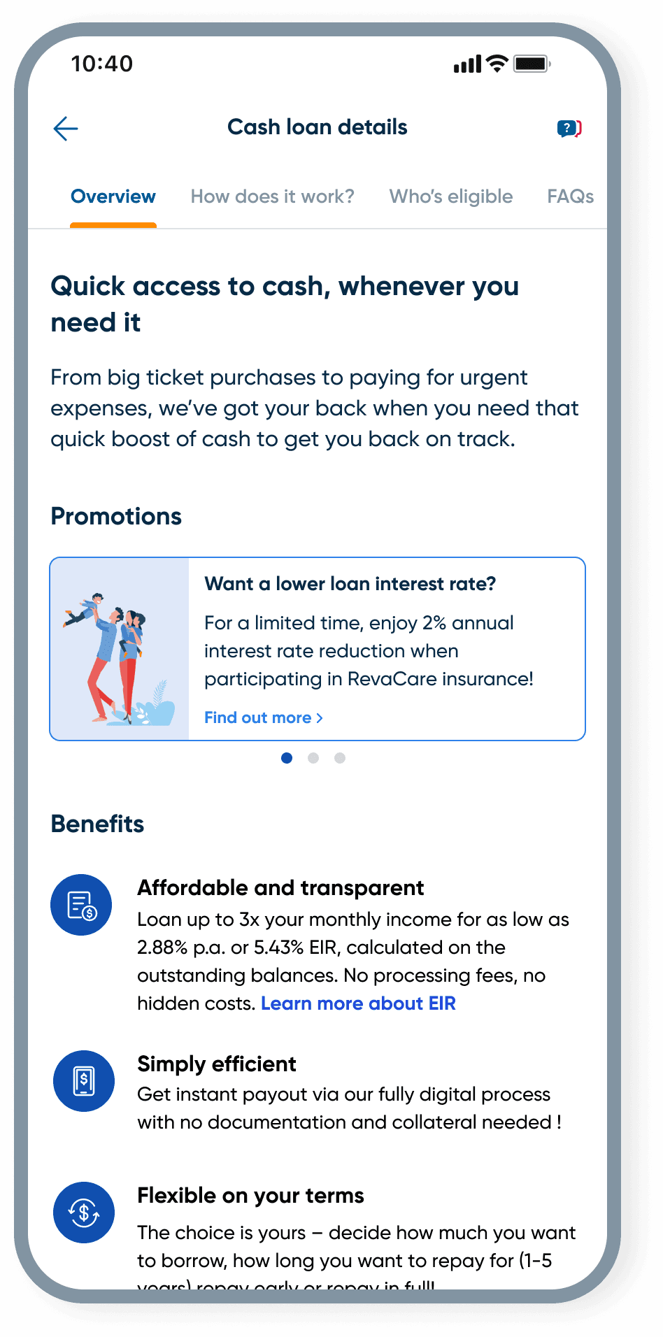 Loan overview before: dense presentation of loan details
